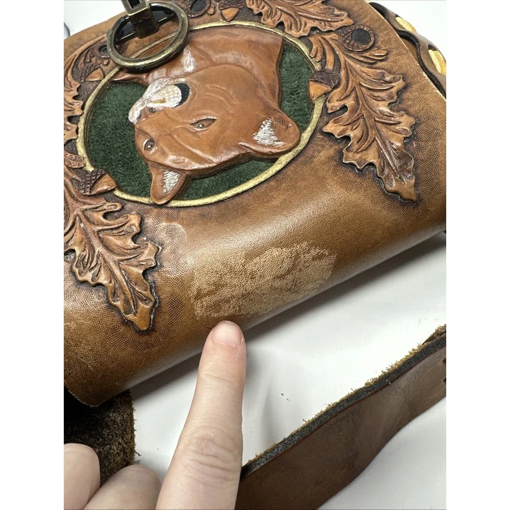 Vintage 1970s Tooled Leather Hand Carved Hand Painted Cougar Purse